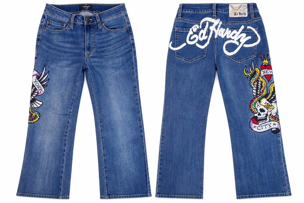 Ed Hardy Embroidered Tattoo Spellout Flare Jeans Blue 26 Fits 28 Y2K McBling